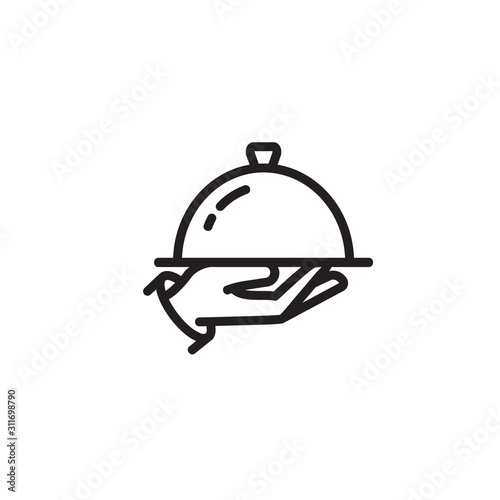 Hand holding cloche and tray thin line icon. Food serving, waiter, restaurant isolated outline sign. Cooking concept. Vector illustration symbol element for web design and apps photo