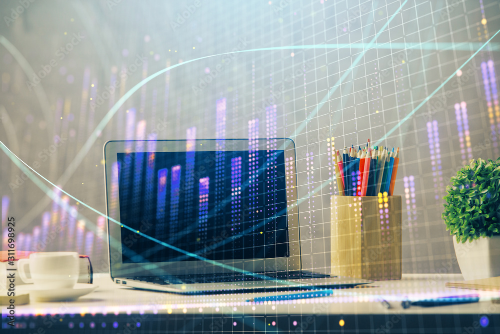 Financial market graph hologram and personal computer on background. Double exposure. Concept of forex. Financial market graph hologram and personal computer on background. Double exposure. Concept of forex.