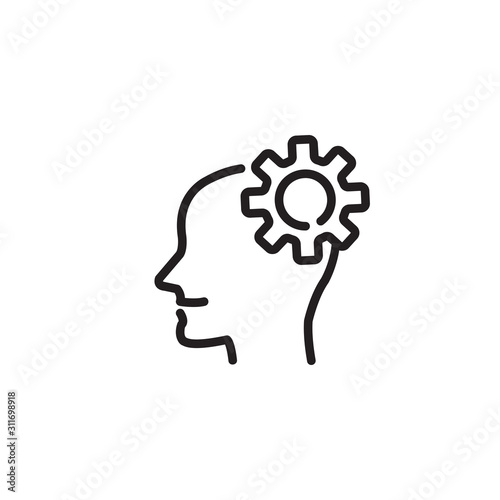 Head with gear thin line icon. Male human thinking isolated outline sign. Idea, business and startuo concept. Vector illustration symbol element for web design and apps.