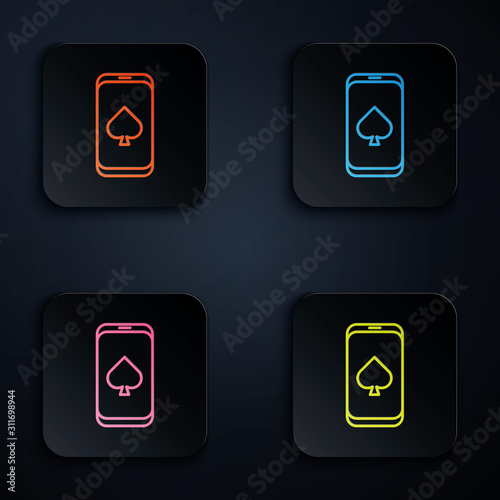 Color neon line Online poker table game icon isolated on black background. Online casino. Set icons in colorful square buttons. Vector Illustration
