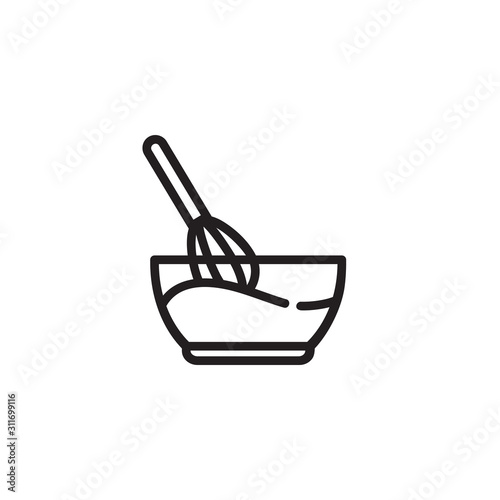 Mixing bowl with wire whisk thin line icon. Egg beater, bakery, food preparation isolated outline sign. Cooking concept. Vector illustration symbol element for web design and apps