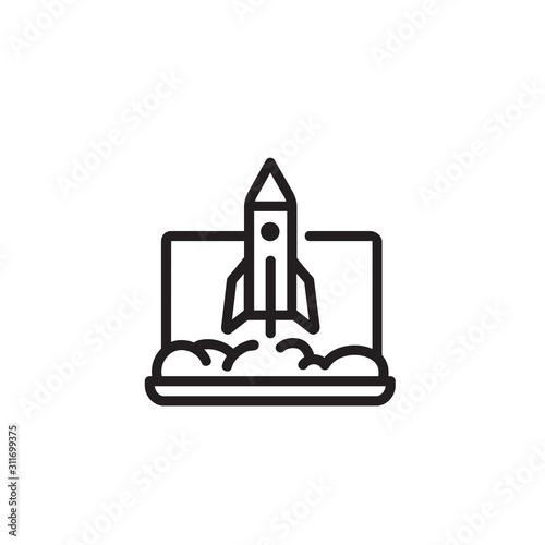 Rocket launch thin line icon. Spaceship, firing, starting isolated outline sign. Startup and business concept. Vector illustration symbol element for web design and apps