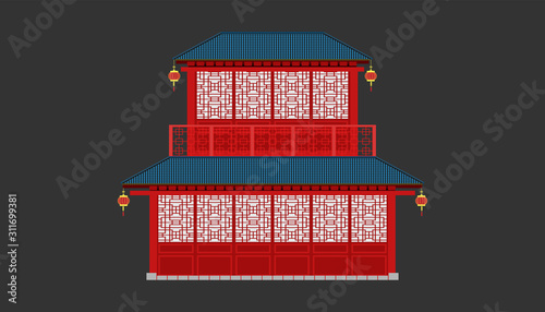 beautiful china house blue tone roof minimal style.happy chinese new year. holiday category. vector illustrator eps10