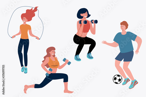 Young people doing sport activities set. Jumping, weight lifting, soccer flat vector illustration. Fitness and active lifestyle concept for banner, website design or landing web page