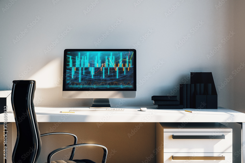 Cabinet desktop interior with financial charts and graphs on computer screen. Concept of stock market analysis and trading. 3d rendering. Cabinet desktop interior with financial charts and graphs on computer screen. Concept of stock market analysis and trading. 3d rendering.