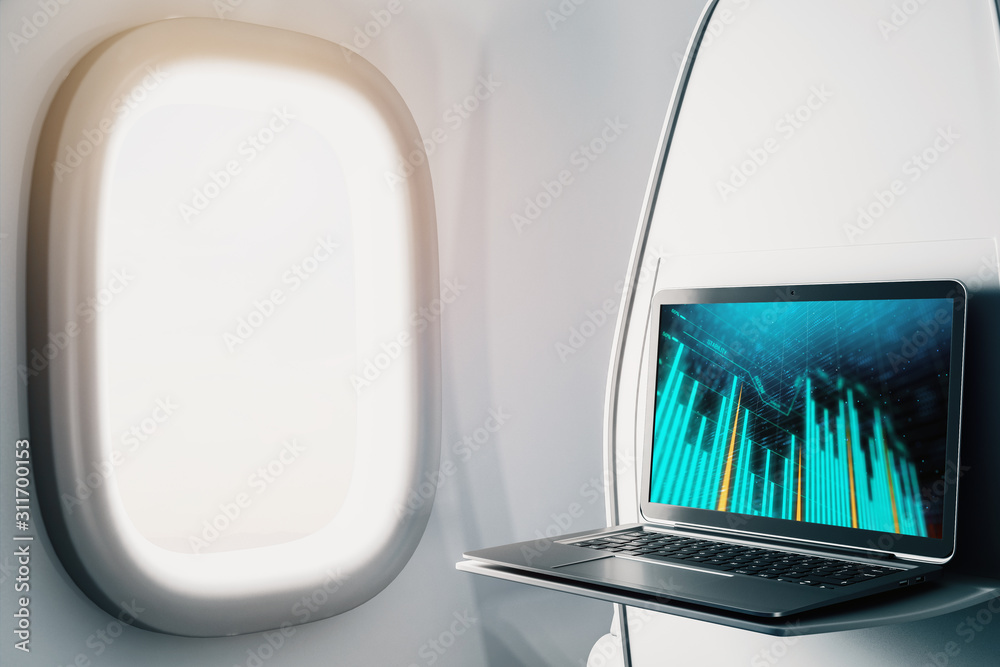 Laptop closeup inside airplane with forex graph on screen. Financial market trading concept. 3d rendering. Laptop closeup inside airplane with forex graph on screen. Financial market trading concept. 3d rendering.