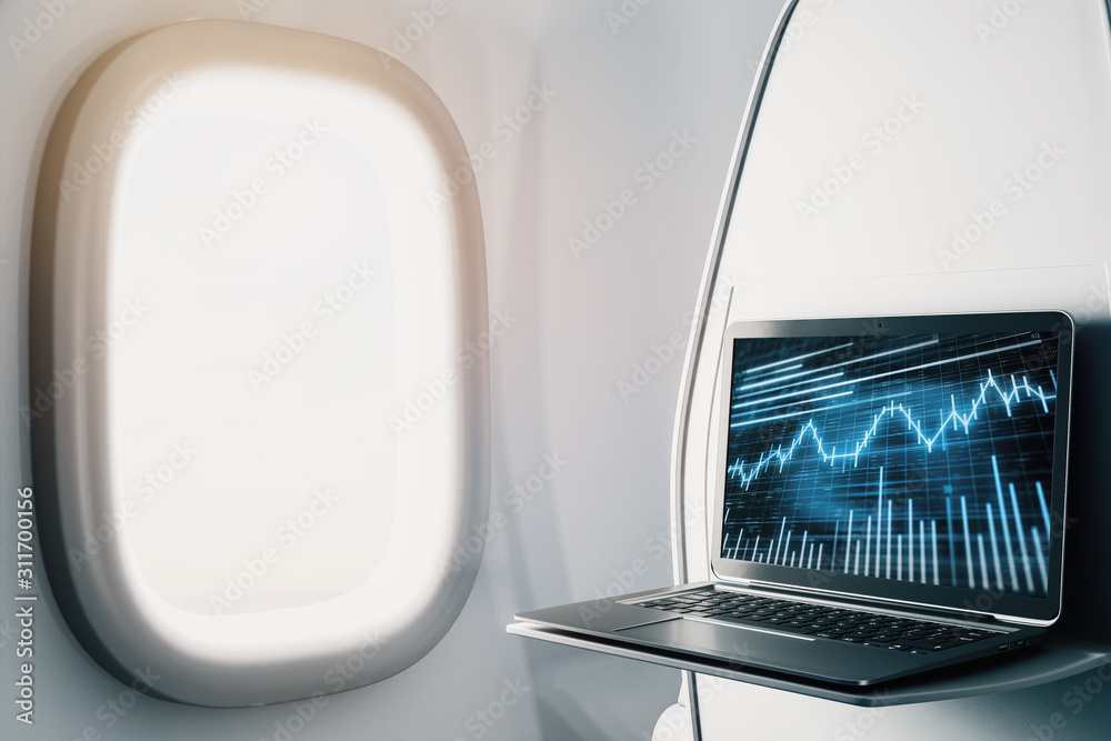 Laptop closeup inside airplane with forex graph on screen. Financial market trading concept. 3d rendering. Laptop closeup inside airplane with forex graph on screen. Financial market trading concept. 3d rendering.