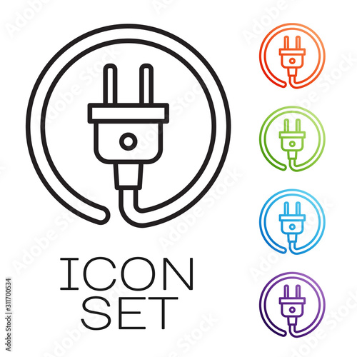 Black line Electric plug icon isolated on white background. Concept of connection and disconnection of the electricity. Set icons colorful. Vector Illustration