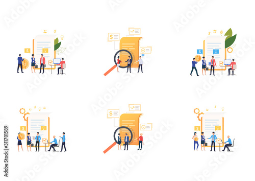 Set of employees analyzing financial reports. Flat vector illustrations of tiny people near documents. Business concept for banner, website design or landing web page