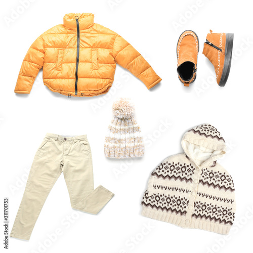 Set of winter clothes on white background