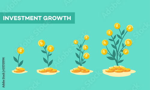 illustration of investing money. Money tree plants that grow and develop from financial investment. The concept of growing profits in investing graphic resources.
