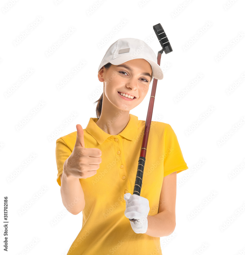 Beautiful female golfer showing thumb-up on white background Beautiful female golfer showing thumb-up on white background
