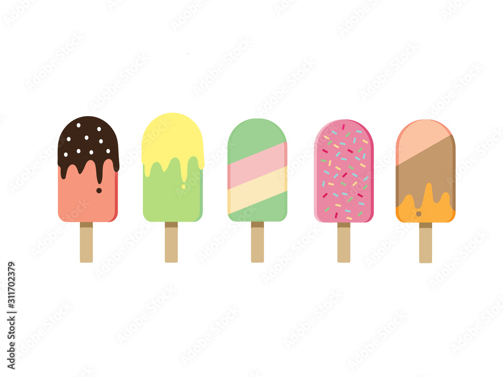 Rainbow vanilla ice cream collection set on wooden strick in different flavour isolated on white background.Vector.