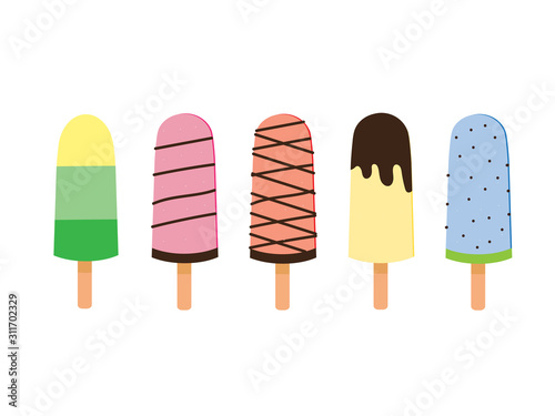 Rainbow vanilla ice cream collection set on wooden strick in different flavour isolated on white background.Vector.