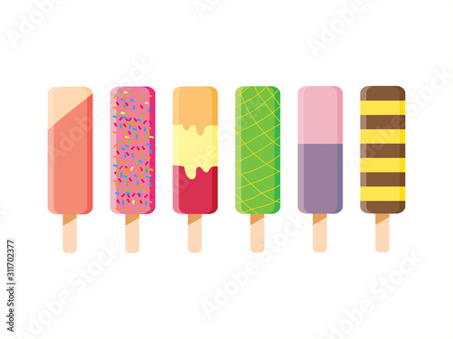 Rainbow chocolate ice cream collection set on wooden strick in different flavour isolated on white background.Vector.