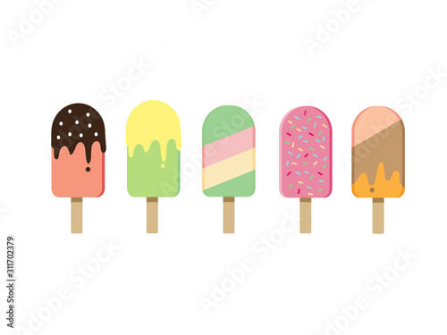 Rainbow vanilla ice cream collection set on wooden strick in different flavour isolated on white background.Vector.
