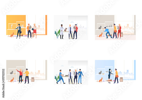Set of animal shelters and vet clinics. Flat vector illustrations of people and animals. Pet treatment, consultation, animal care concept for banner, website design or landing web page