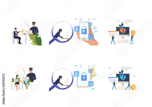 Set of cyber burglars breaking private info. Flat vector illustrations of cyber criminal hacking into digital devices. Hacker attack concept for banner, website design or landing web page