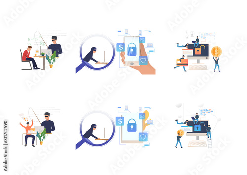 Set of hackers breaking private info. Flat vector illustrations of cyber criminal hacking into digital devices. Hacker attack concept for banner, website design or landing web page