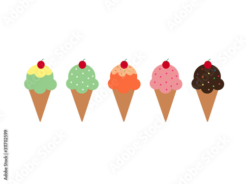 Ice cream cone scoop with cherry topping collection set in different flavour isolated on white background.Flat icon.Vector.Illustration.
