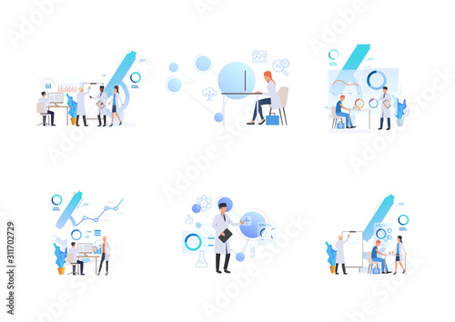 Set of scientists working at lab. Flat vector illustrations of technology, chemistry, laboratory. Science concept for banner, website design or landing web page