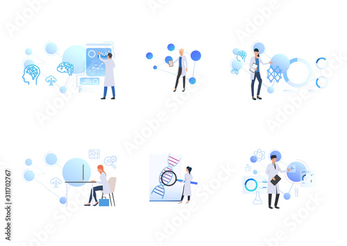 Set of scientists exploring exploring neuron cells of brain. Flat vector illustrations of technology, chemistry, laboratory, DNA. Science concept for banner, website design or landing web page