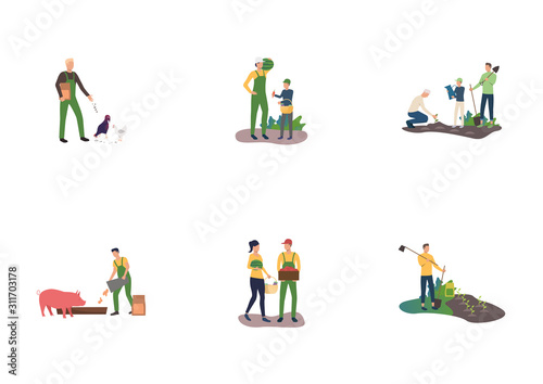 Set of farmers working on orchard. Flat vector illustrations of people planting plants, gathering harvest and feeding pig. Farming concept for banner, website design or landing web page
