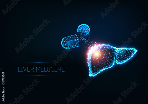 Futuristic liver medical treatment concept with glowing low polygonal human liver and capsule pills.