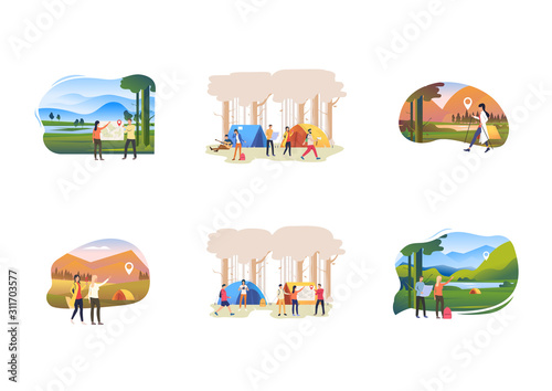Set of people pointing at camping, traveling on foot. Flat vector illustrations of outdoor tourism. Activity concept for banner, website design or landing web page