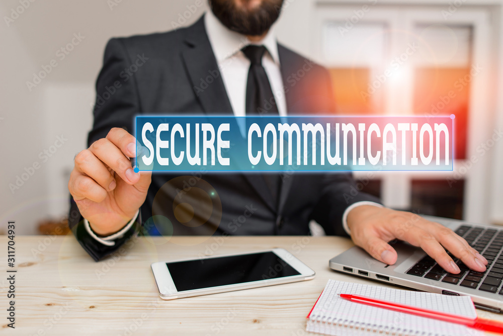 Writing note showing Secure Communication. Business concept for preventing unauthorized interceptors from accessing Male human wear formal clothes present use hitech smartphone Writing note showing Secure Communication. Business concept for preventing unauthorized interceptors from accessing Male human wear formal clothes present use hitech smartphone