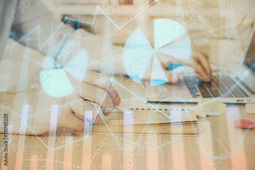 Multi exposure of financial graph with man works in office on background. Concept of analysis.