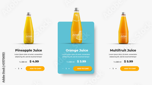 UI product card template for web site. Design with interface elements, button and text for shopping products and adding to the cart.