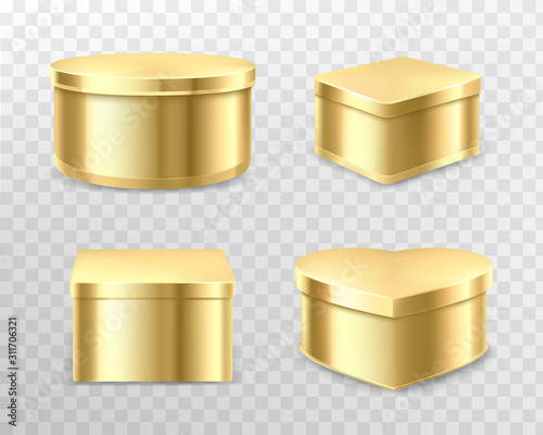 Golden tin boxes for tea, coffee or candies. Vector realistic mockup of round, square and heart shape cans for gift packaging sweets, biscuits isolated on transparent background