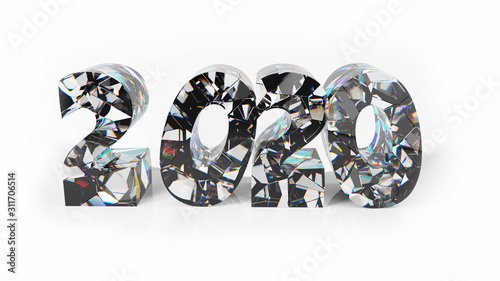 Fototapeta Naklejka Na Ścianę i Meble -  Realistic transparent gem diamond glass, ice 2020 bold letters, text, word Isolated On White Background, New Year, 3D Illustration