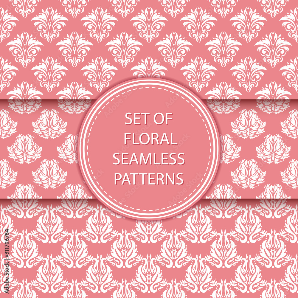 Pink and white floral seamless patterns. Compilation of designs with flowers