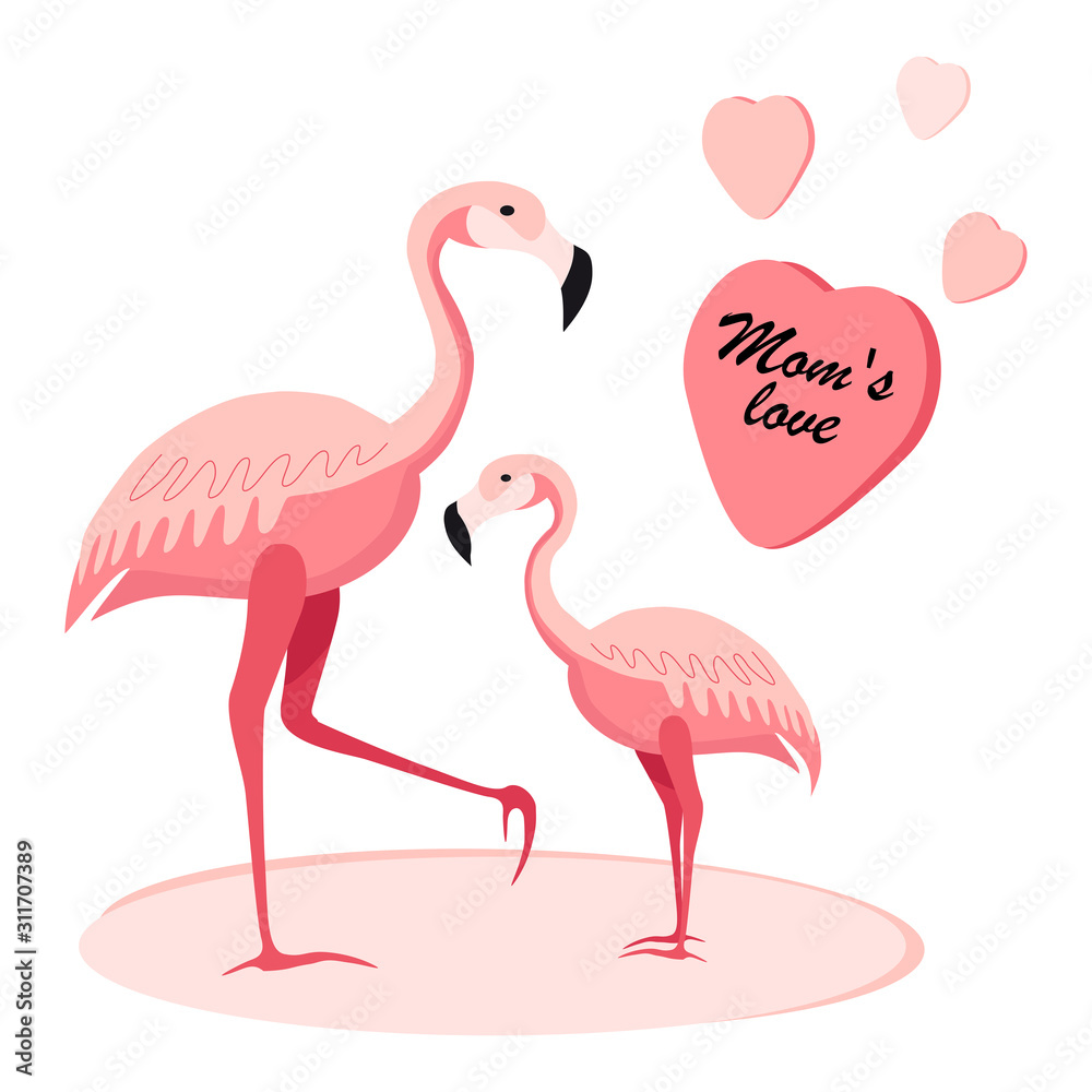 Fototapeta premium Pink flamingos - Mama's love. Baby and mom, mother's day. Vector illustration in flat style isolated on white background.
