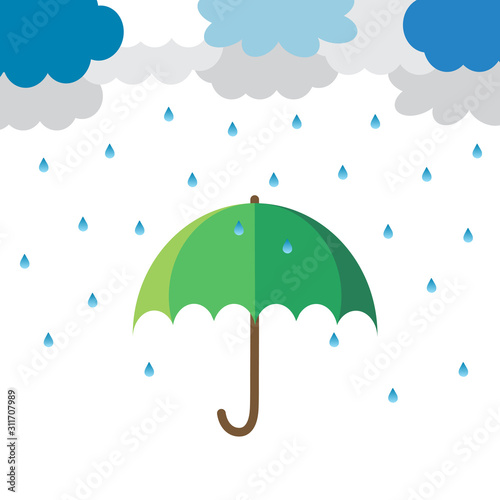 Cartoon cute cloud and water droplets with green umbrella (Parasol) isolated on white background in heavy rainy day.Monsoon season.Weather forecast.Vector.Illustration.