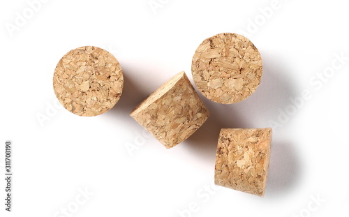 Wine corks isolated on white background, top view photo