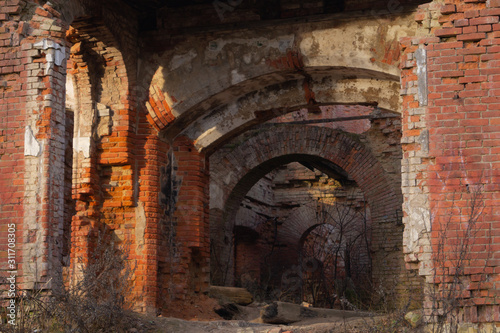 Old ruins. destroyed red brick walls of ancient building