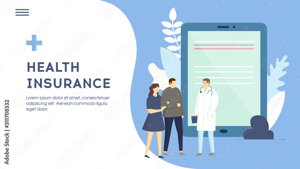 Family medical health Insurance concept. Couple man and woman patients are signing insurance Contract with Doctor. Place for text. Flat style. Vector illustration