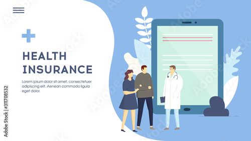 Family medical health Insurance concept. Couple man and woman patients are signing insurance Contract with Doctor. Place for text. Flat style. Vector illustration