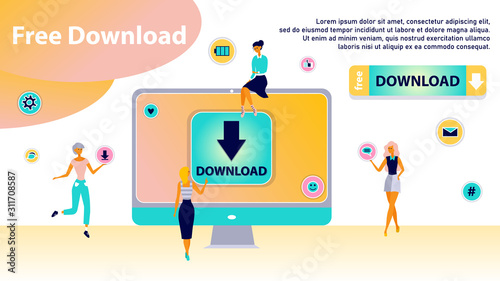 Free download concept. Banner with stream or upload meaning. Stylized concept for torrent data from servers, online media shopping, file transfer and sharing. Modern people life.