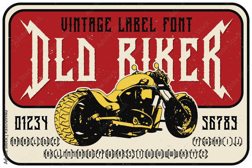 Vintage label font named Old Biker. Strong typeface with alternates and numbers for any your design like posters, t-shirts, logo, labels etc. - obrazy, fototapety, plakaty 