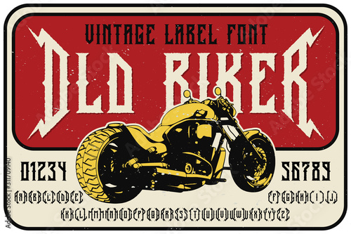 Vintage label font named Old Biker. Strong typeface with alternates and numbers for any your design like posters, t-shirts, logo, labels etc.