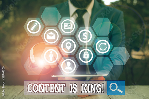 Writing note showing Content Is King. Business concept for marketing focused growing visibility non paid search results