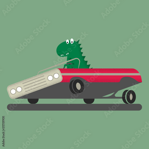 Cute cartoon dino rides a car. Dino rides in a lowrider. Design element for typography. Vector graphic.