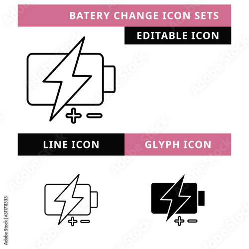 Batery Change icons set vector design, modern editable line and  glyph icon, black color and isolated for icon presentation, website and banner photo