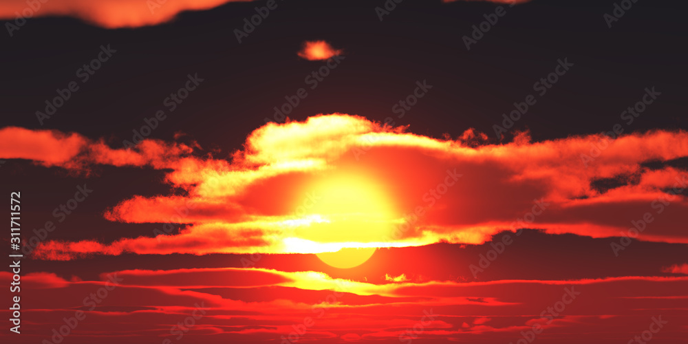 Big sun sky at beautiful sunset, 3d illustration Big sun sky at beautiful sunset, 3d illustration