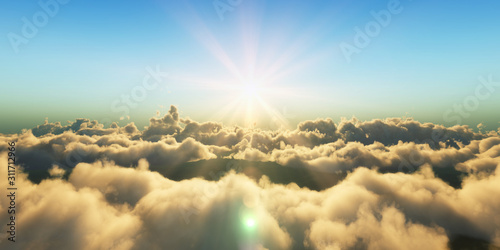 Photos Beautiful aerial view above clouds with sunset. 3d illustration