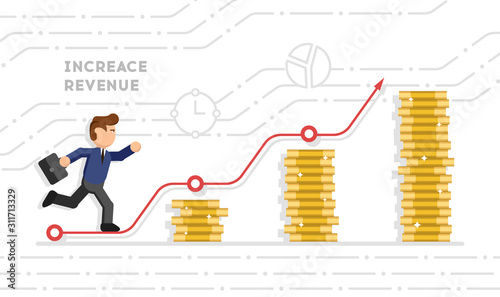 Increase revenues. The character climbs the columns of coins. A businessman increases his income. The worker runs up the career ladder. Business concept, vector illustration in flat style